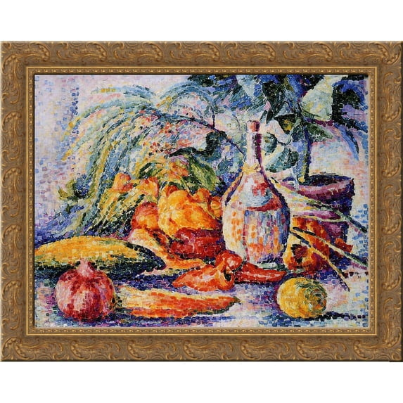 Still Life with Bottle of Wind 24x20 Gold Ornate Wood Framed Canvas Art by Henri-Edmond Cross