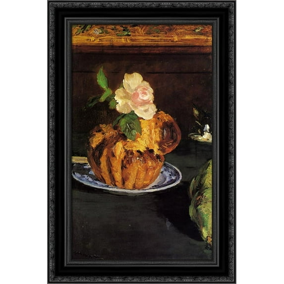 Still Life with Brioche 19x24 Black Ornate Wood Framed Canvas Art by Manet, Edouard