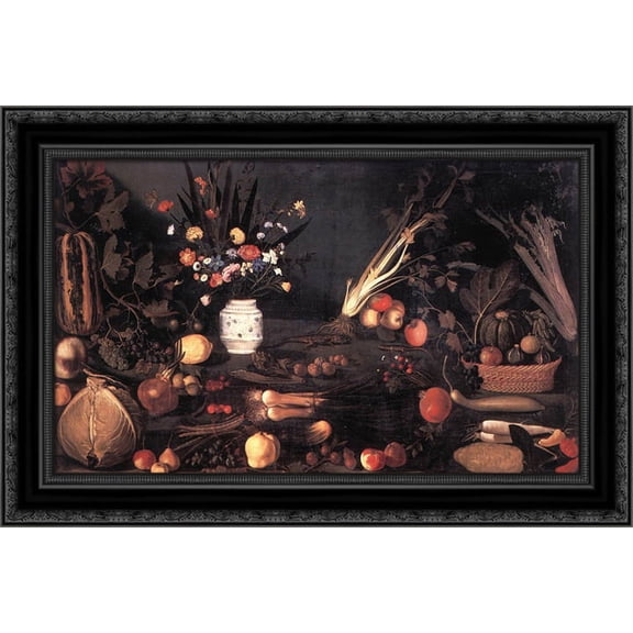 Still Life with Flowers and Fruit 24x17 Black Ornate Wood Framed Canvas Art by Caravaggio