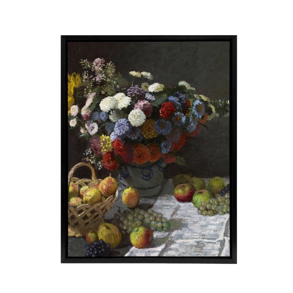 Still Life with Flowers and Fruit Monet Vintage Framed Canvas Wall Art 18X24"