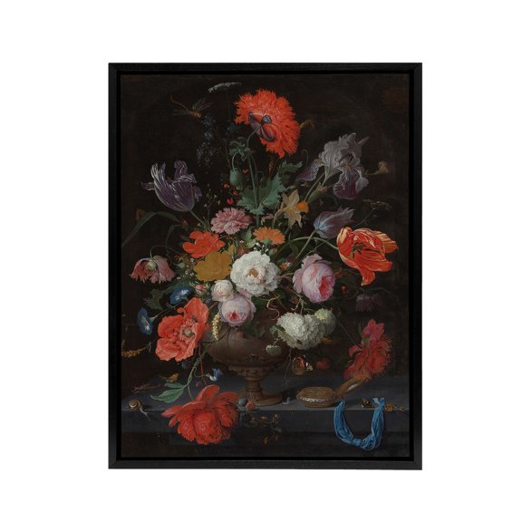 Still Life with Flowers and a Watch Mignon Black Framed Canvas Wall Art 24x32"