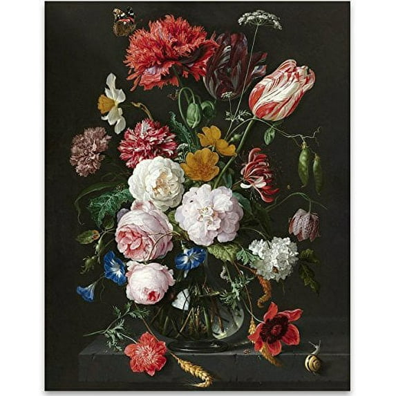 Still Life with Flowers in a Glass Vase, Jan Davidsz. de Heem - 11x14 Unframed Art Print - Great Home Decor and Gift for Gardeners