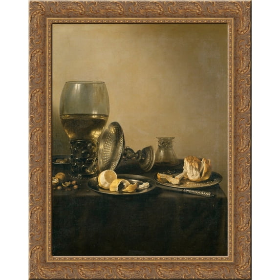 Still Life with Goblet, Silver Tureen and Bread 24x20 Gold Ornate Wood Framed Canvas Art by Pieter Claesz