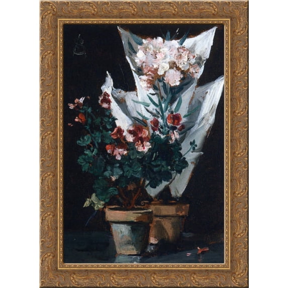 Still Life with Potted Geraniums 24x18 Gold Ornate Wood Framed Canvas Art by Alfred Stevens