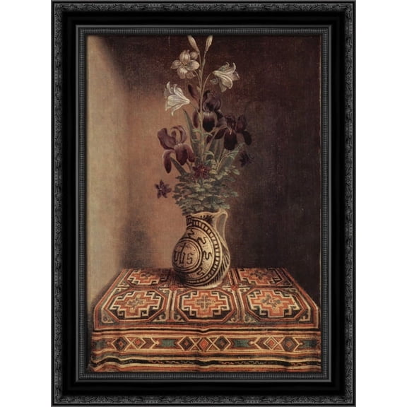Still Life with a Jug with Flowers. The reverse side of the Portrait of a Praying Man 20x24 Black Ornate Wood Framed Canvas Art by Memling, Hans