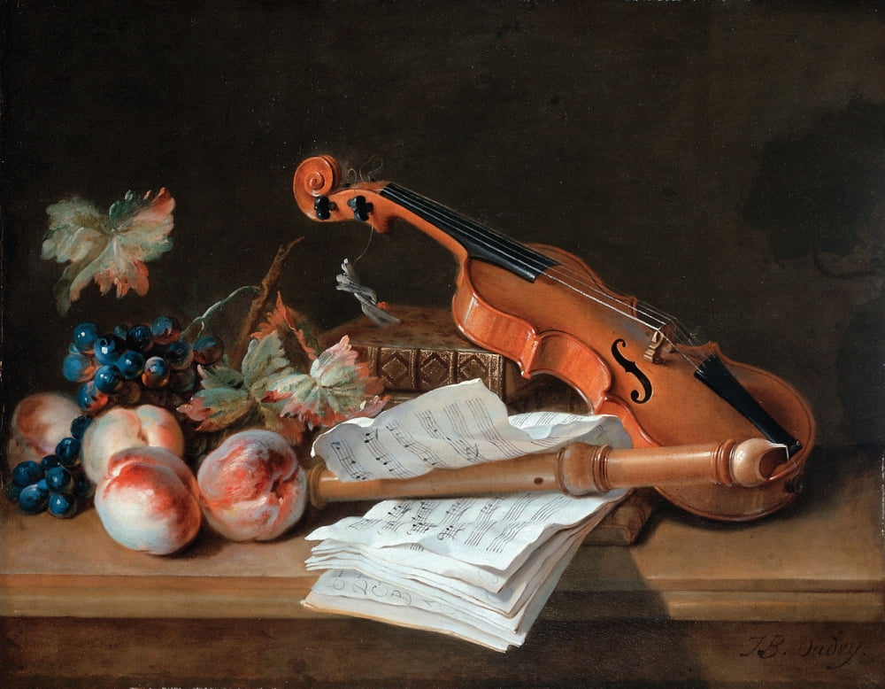Still Life with a Violin a Recorder and more Canvas Art - Jean-Baptiste Oudry (24 x 36)