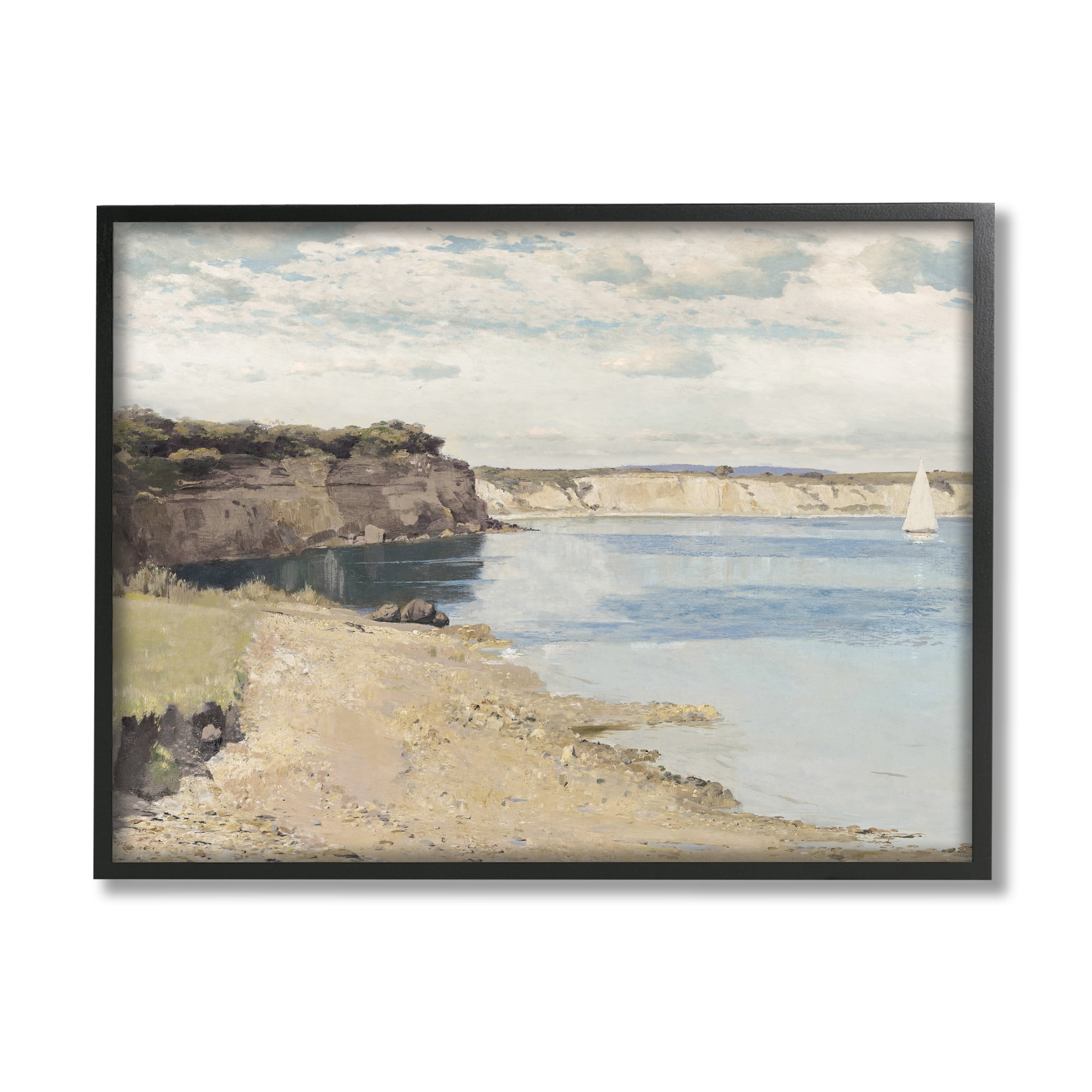 Still Morning Oceanside Cliffs and a Sailboat Painting Framed Giclee Texturized Art, 11 x 1.5 x 14
