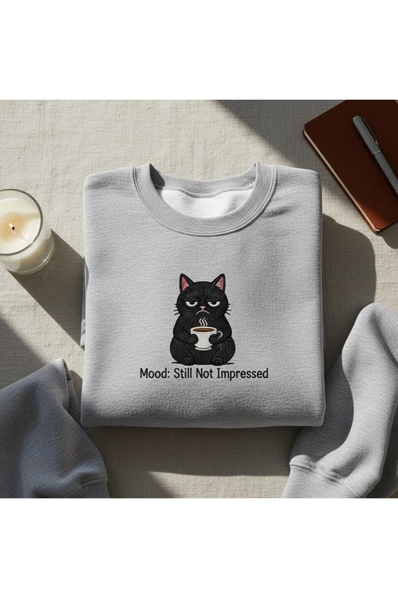 Still Not Impressed Grumpy Cat Embroidered Sweatshirt, Funny Coffee Cat Lover Gift, Sarcastic Animal Crewneck