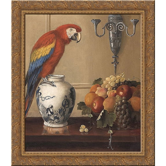 Still life of Macaw, Chinese Vase and Fruit 20x20 Gold Ornate Wood Framed Canvas Art by Pope, Alexander