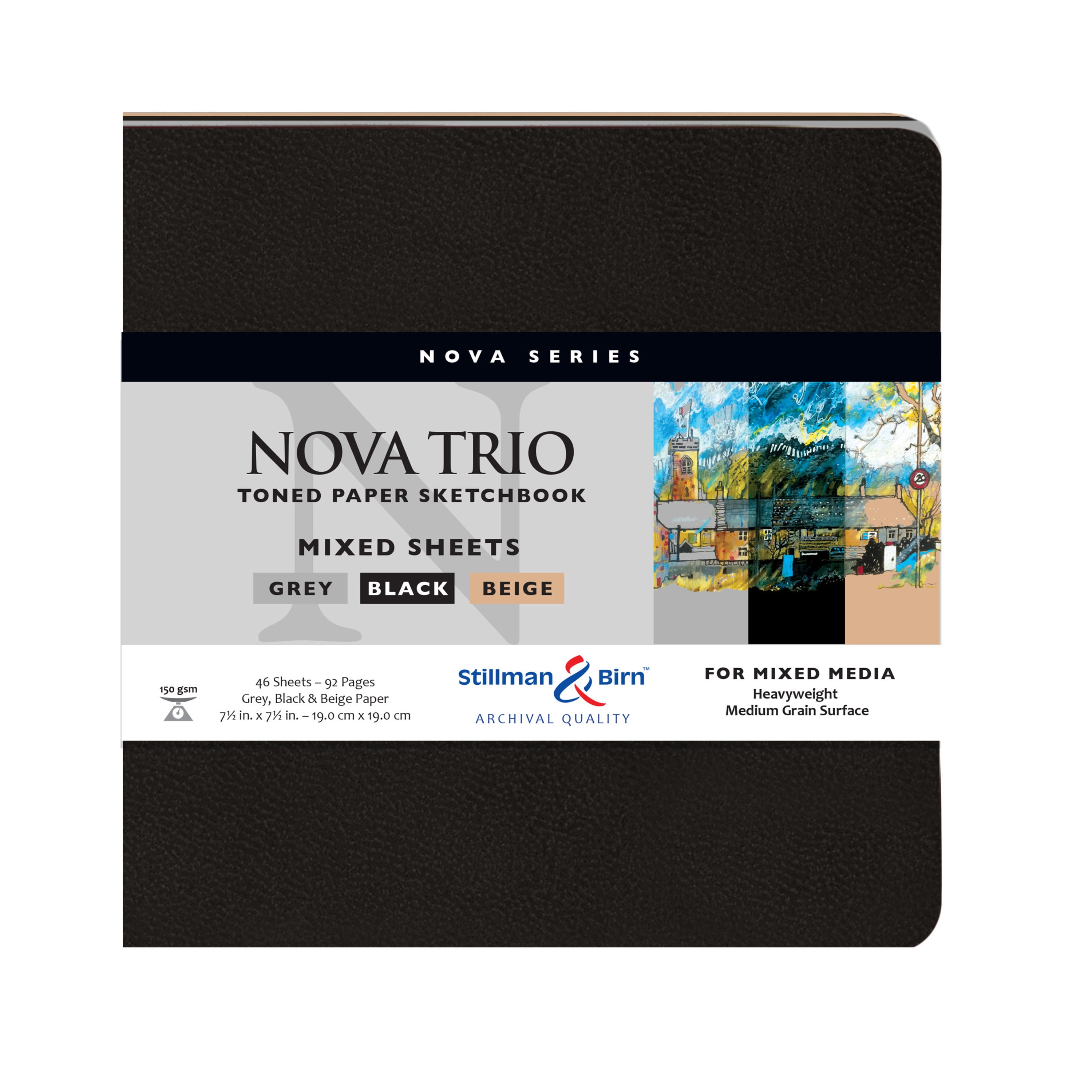 Nova Trio Softcover Mixed Media Sketchbook, 7.5" x 7.5", Beige, Black, Gray