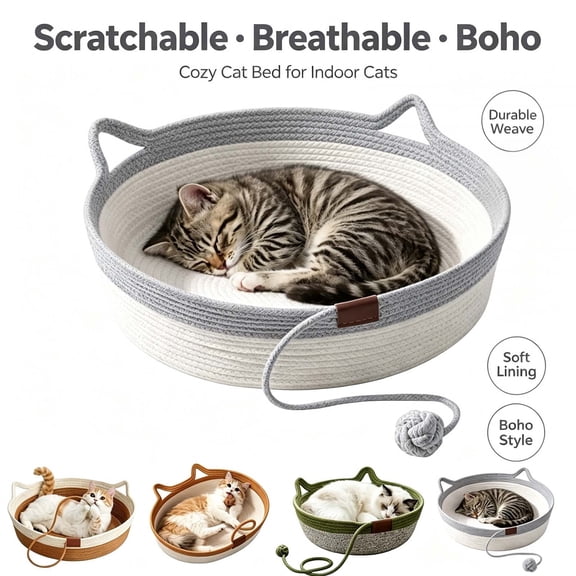 Stimuli Cat Basket, Cotton Rope Woven Pet Bed for Indoor Cats Couch, Stimulicat Cat Bed Handwoven Breathable, All Season Universal _ C
