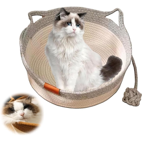 Handwoven Cotton Rope Interactive Cat Bed Basket with Scratchable Design & Interactive Toy Ball, Foldable Pet Nest for Indoor Cats, Kittens & Small Dogs