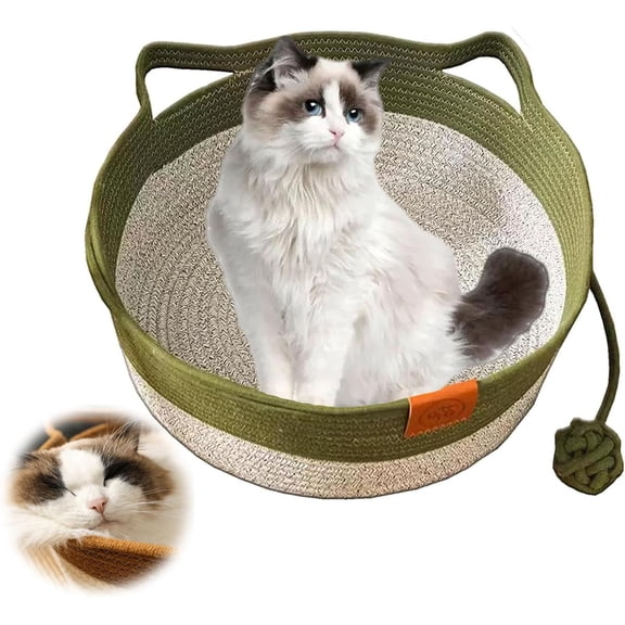 Handwoven Cotton Rope Interactive Cat Bed Basket with Scratchable Design & Interactive Toy Ball, Foldable Pet Nest for Indoor Cats, Kittens & Small Dogs