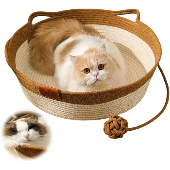 Handwoven Cotton Rope Interactive Cat Bed Basket with Scratchable Design & Interactive Toy Ball, Foldable Pet Nest for Indoor Cats, Kittens & Small Dogs