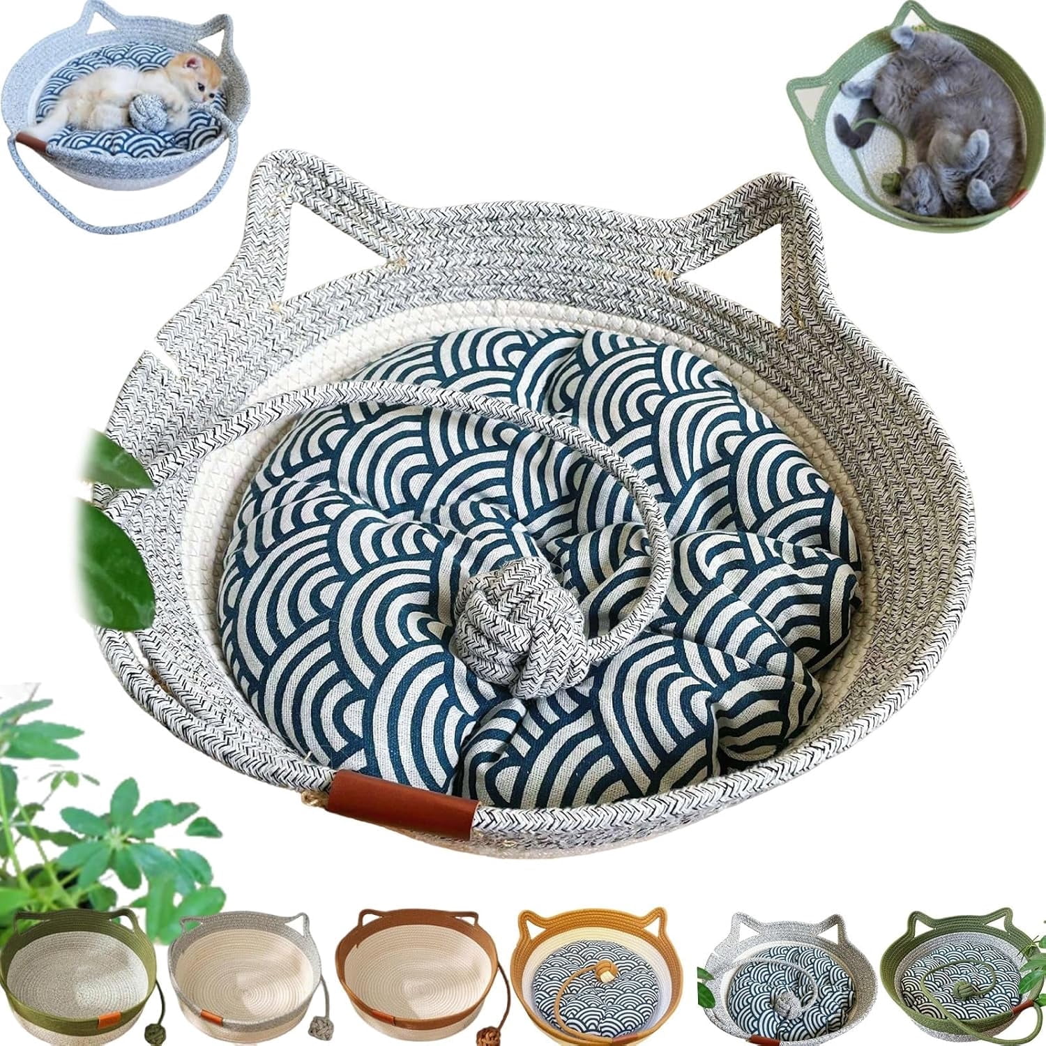 Handwoven Cat Basket,Foldable Scratchable Cat Bed Rope Cotton,Breathable Durable Natural Rattan Woven Pet Sleeping House with Teasing Ball & Cushion for Small & Large Cat & Dog