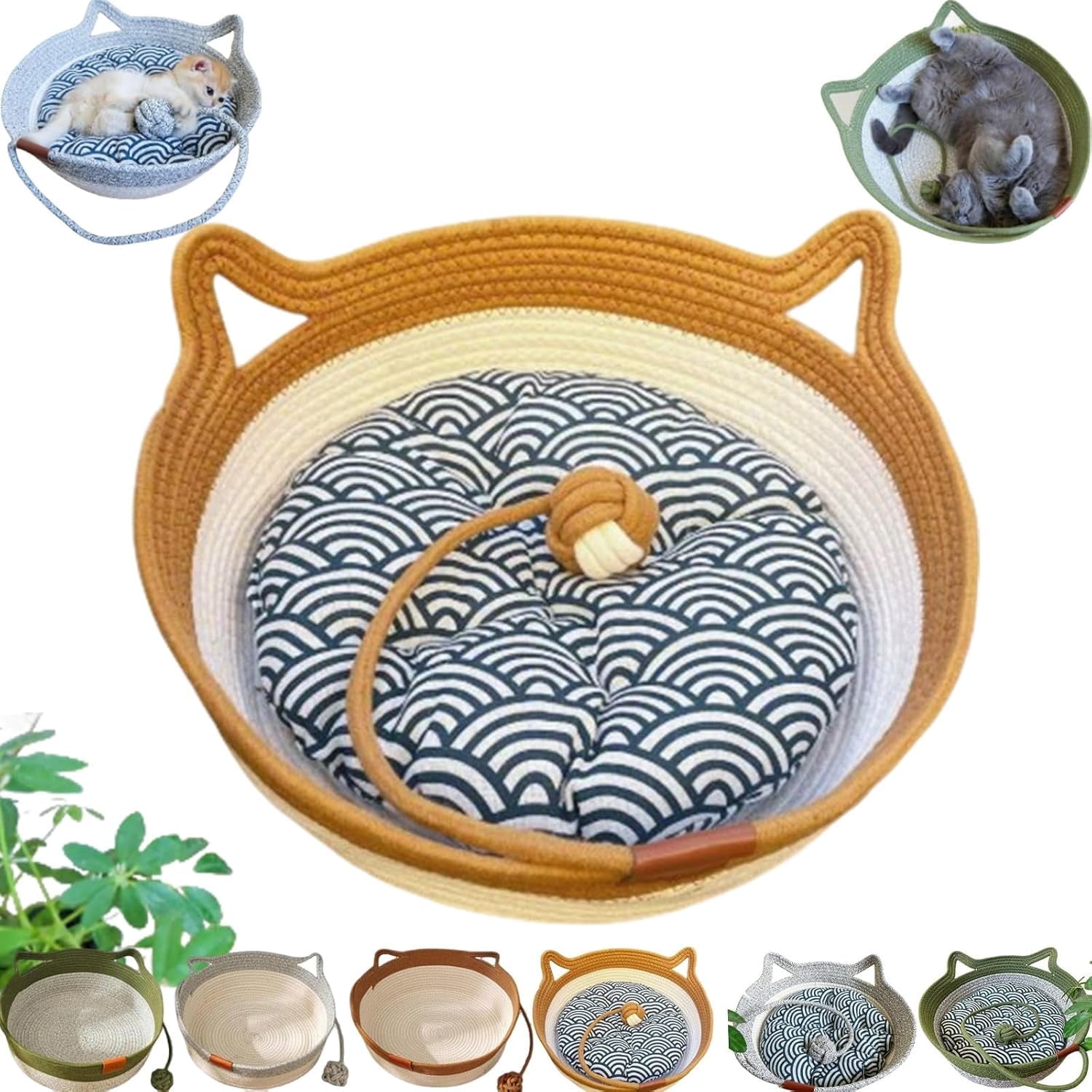 Handwoven Cat Basket,Foldable Scratchable Cat Bed Rope Cotton,Breathable Durable Natural Rattan Woven Pet Sleeping House with Teasing Ball & Cushion for Small & Large Cat & Dog