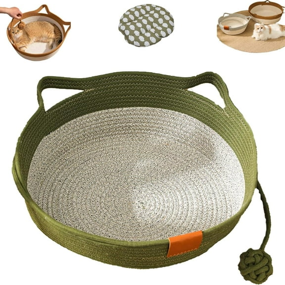 Stimulicat Cat Bed Rope Cotton, Stimuli cat Basket Bed, Cotton Rope Woven Round Cat Beds Basket with Built-in Teasing Ball, Handwoven Foldable Scratchable for Small & Large pet