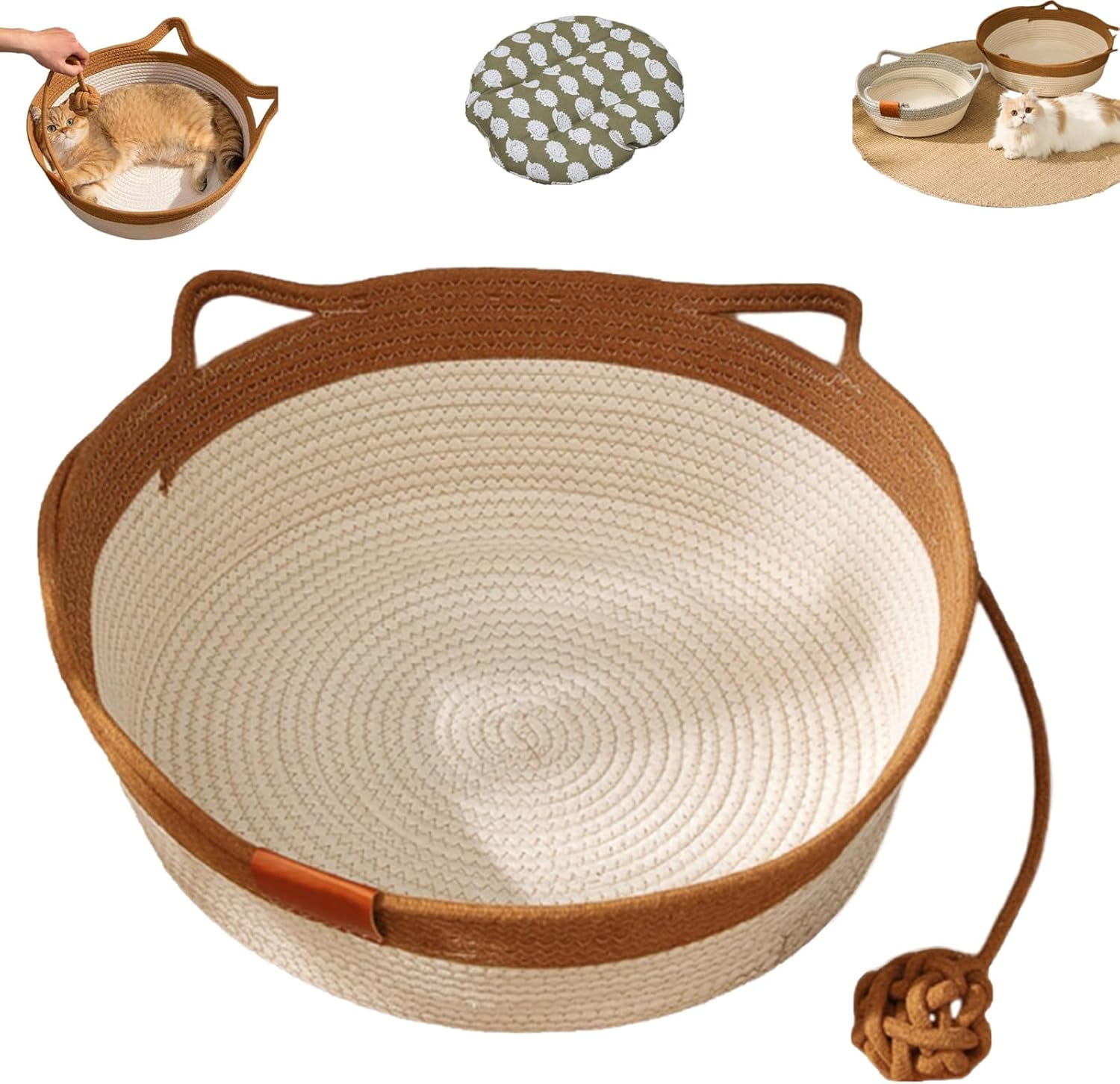 Stimulicat Cat Bed Rope Cotton, Stimuli cat Basket Bed, Cotton Rope Woven Round Cat Beds Basket with Built-in Teasing Ball, Handwoven Foldable Scratchable for Small & Large pet
