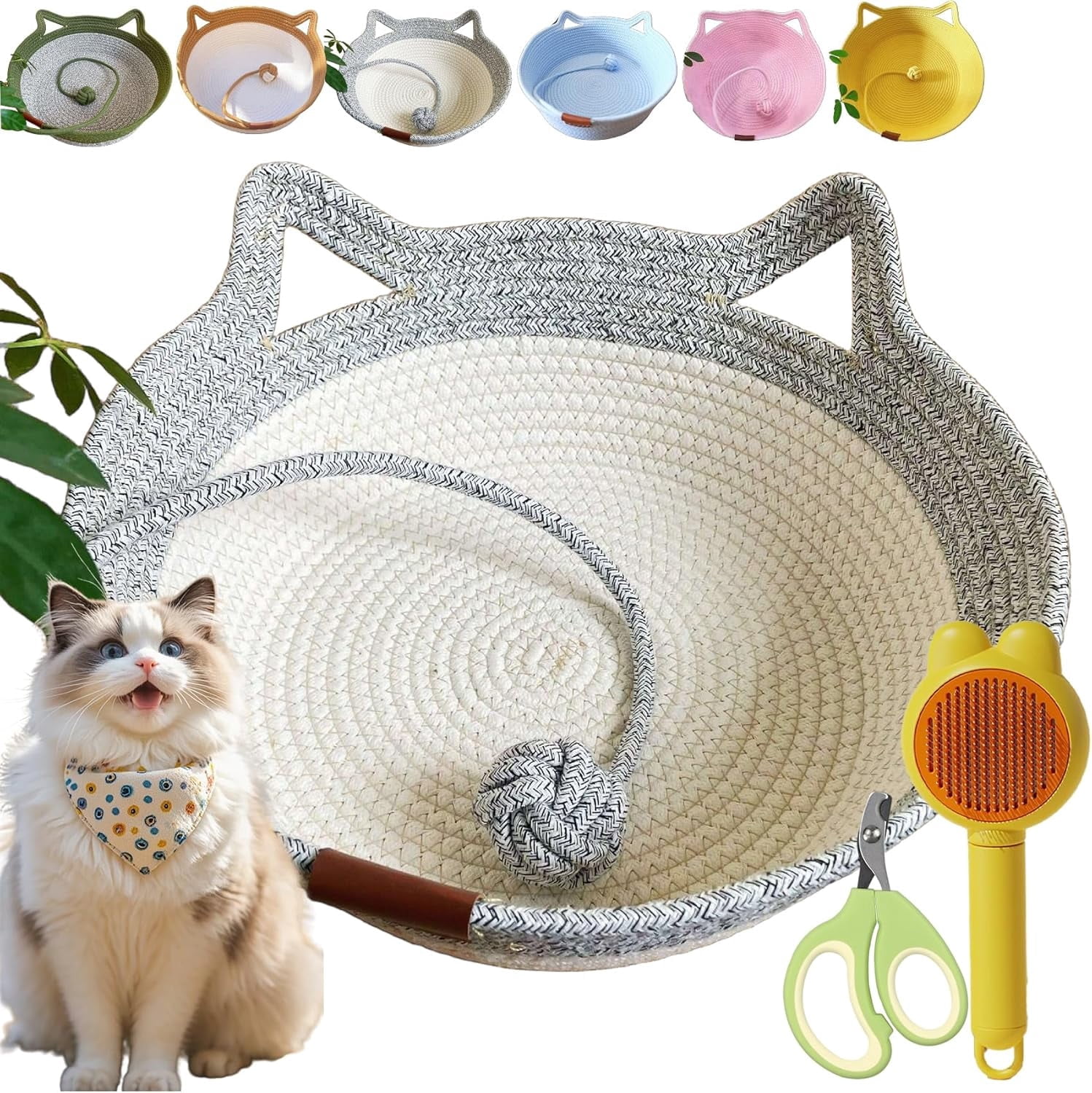 Stimulicat Cat Bed, Stimuli Cat Handwoven Basket, StimuliCat Cats Bed with Toy Tail, Foldable Scratchable Breathable Prevents Overheating for Cats (Beige-Gray,for 5.5-11.5 Ibs)