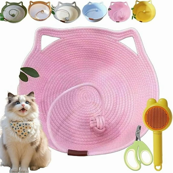Stimulicat Cat Bed, Stimuli Cat Handwoven Basket, StimuliCat Cats Bed with Toy Tail, Foldable Scratchable Breathable Prevents Overheating for Cats (pink,for 11.5-22 Ibs)