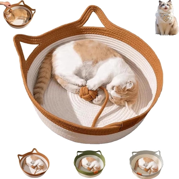 Handwoven Basket, Cotton Rope Woven Round Cats Beds Basket with Built-in Teasing Ball, with Cats Ear Handles, Anti-Scratch and Wear-Resistant, Soft, Breathable