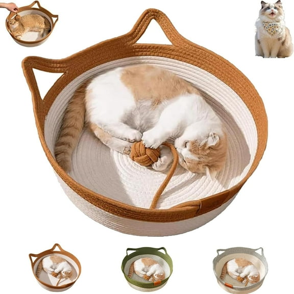 Stimulicat Cat Bed, Stimulicat Handwoven Basket, Cotton Rope Woven Round Cats Beds Basket with Built-in Teasing Ball, with Cats Ear Handles, Anti-Scratch and Wear-Resistant, Soft, Breathable
