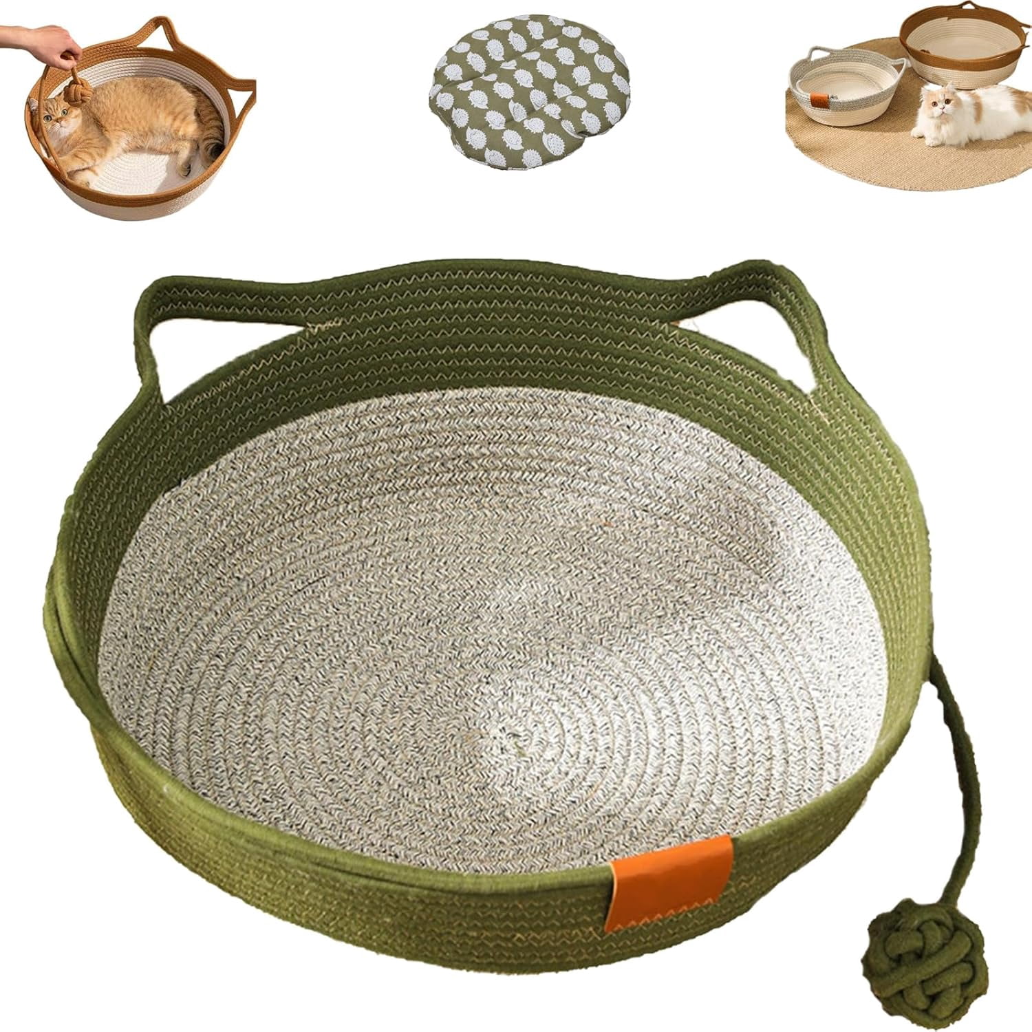 Stimulicat Cat Bed with Teasing Ball - Handwoven Cotton Rope Basket, Foldable Scratchable Pet Bed with Built-in Toy, Soft Round Cat Beds for Small & Large Cats