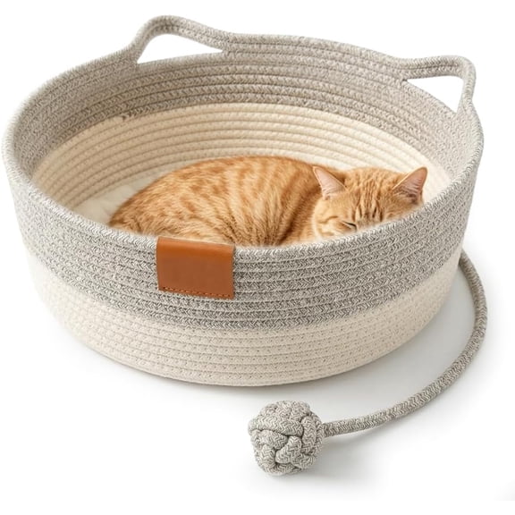 Stimulicat Handwoven Cat Basket, Stimuli Instinct Cat Rope Basket, Grey, L | 2026 New Cat Scratcher Bed with Cute Cat Ear Handles & Rope Ball Toy, Breathable, Washable, for All-Season