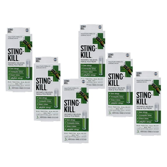 Sting Kill Maximum Strength, Benzocaine and Menthol, For Bee Stings, Mosquito Bites, Insect Bites, Jellyfish, 5 Count, Pack of 6