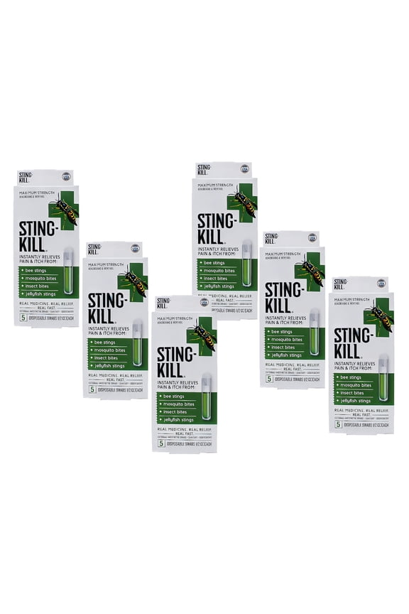 Sting Kill Maximum Strength, Benzocaine and Menthol, For Bee Stings, Mosquito Bites, Insect Bites, Jellyfish, 5 Count, Pack of 6