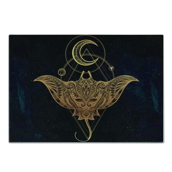 Stingray Cutting Board, Sea Ocean Animal Creature with Detailed Art Geometric Patterns Print, Decorative Tempered Glass Cutting and Serving Board, Small Size, Petrol Blue and Yellow, by Ambesonne