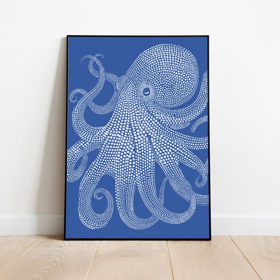 Stipple Art Octopus Print Maximalist Blue & White Sea Life Decor