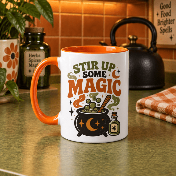 Stir Up Some Magic Retro Witch Cauldron Ceramic Coffee Mug Halloween Gift