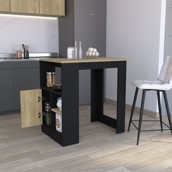 Stirling Black Kitchen Island with Natural Oak Top: 36" Wide Prep Station, Push-to-Open Cabinet, 3 Side Shelves, Particle Board, Perfect for Small Kitchens & Dining Areas
