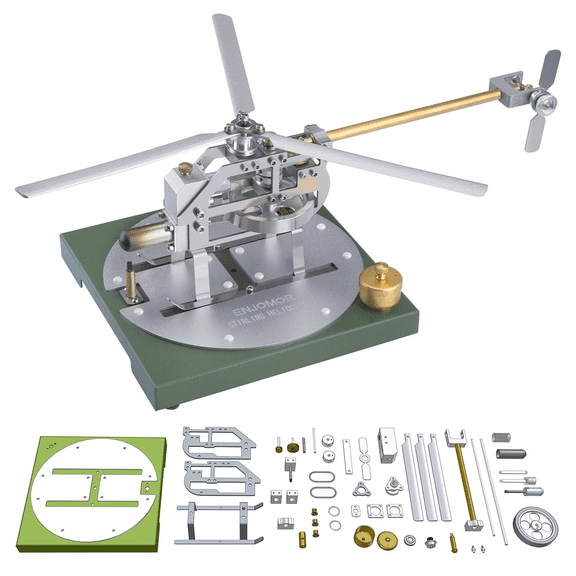 Stirling Engine Helicopter Model Kit with Base  DIY Heat Powered Hot Air Engine, Metal Aircraft Assembly Kit with Alcohol Lamp, STEM Physics Educational Model for Teens & Adults