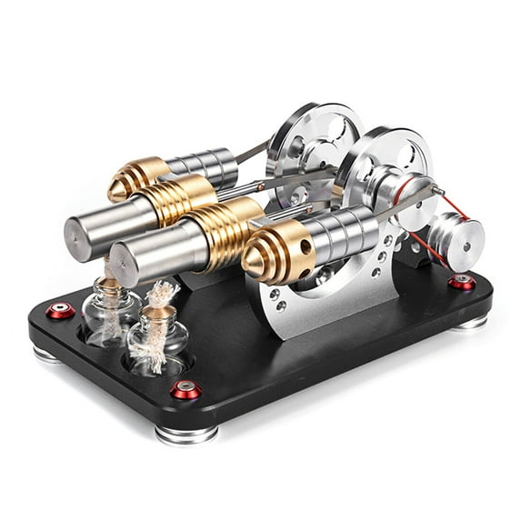 Stirling Engine Model Kit, All-Metal 2-Cylinder Parallel Stirling Engine Model, Micro External Combustion Engine with LED Generator for Physics Science Experiment Display