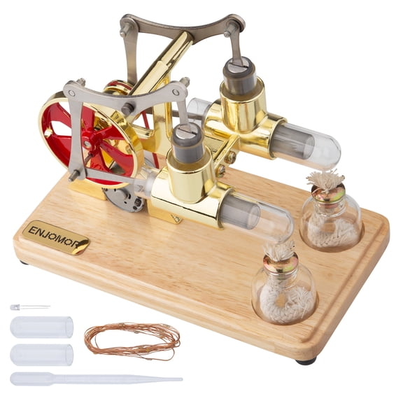 Stirling Engine Model Kit That Works, Balanced Twin Cylinder Hot Air Stirling Engine with LED Light String & Power Generation for Physics Science Experiment Demonstration