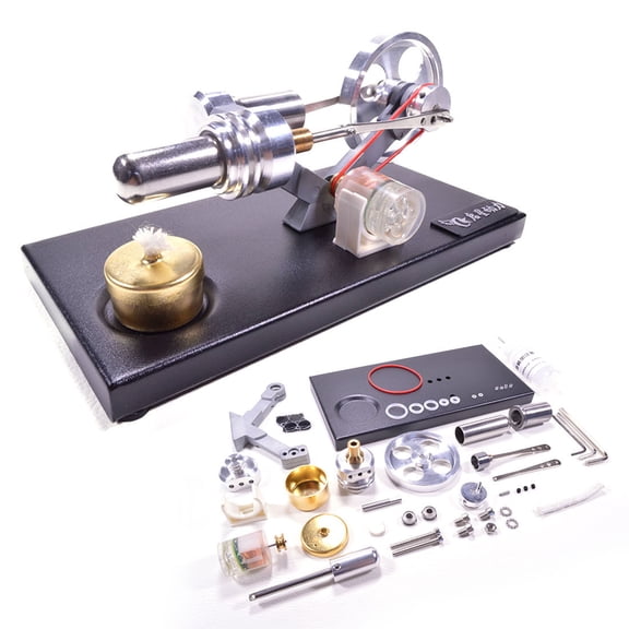 Stirling Engine Model Kit That Works, DIY Metal Stirling Engine Generator Kit with 4 LED Lights & Black Metal Base for Physics Science Experiment Demonstration