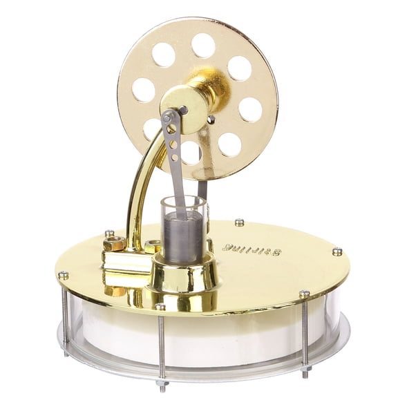 Stirling Engine Model Kit That Works, Golden Rotatable Wheel Hot Water Powered Low Temperature Stirling Engine with Curved Stand for Educational Science Demonstrations