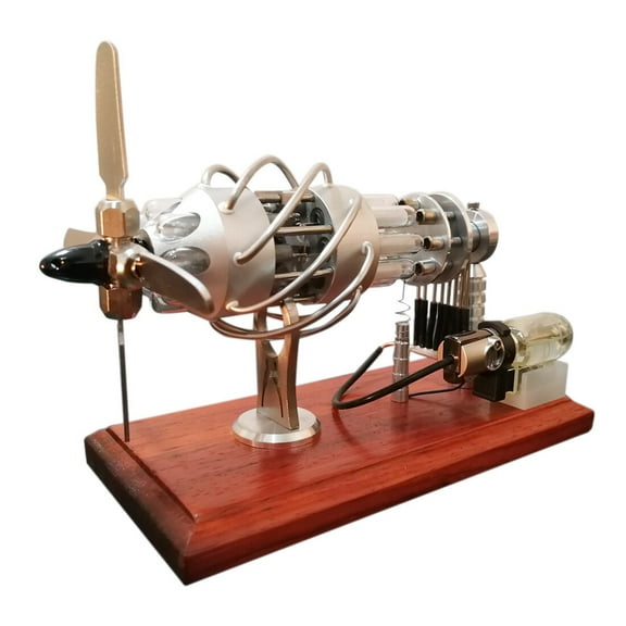 Stirling Engine Model Kits, 16-Cylinder Swash Plate Butane Powered Stirling Engine with Quartz Glass Hot Cylinders & Solid Wood Base for Physical Science Experiment Display