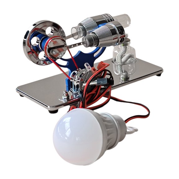 Stirling Engine Motor Model - Hot Air Electricity Generator with LED Bulb, CNC Aluminum Alloy Base, Educational Science Kit for Classroom & Office Decor - Blue