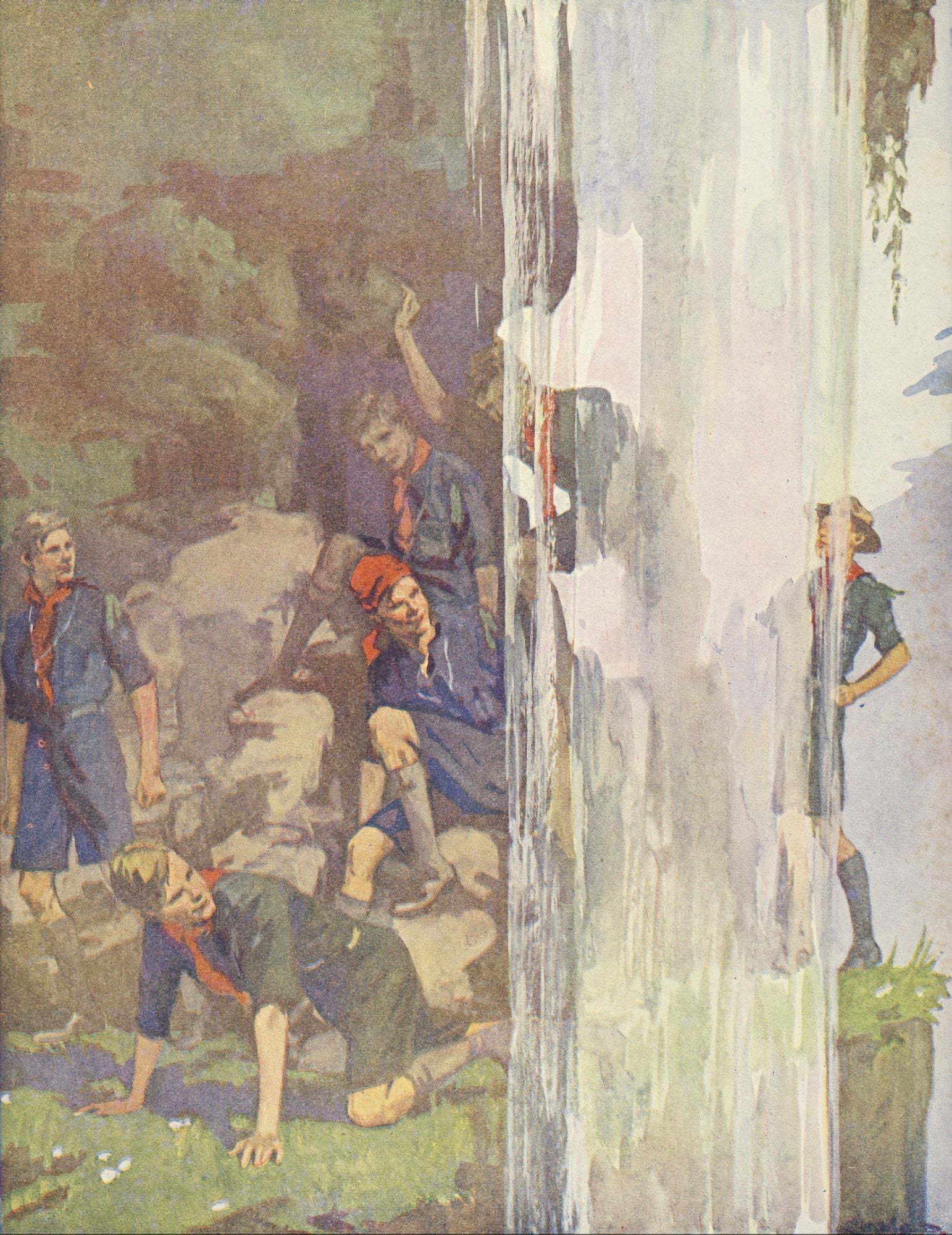 Stirring Stories for Boys 1935 Scouts in waterfall Canvas Art - Unknown (18 x 24)