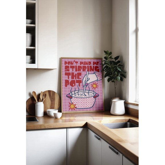 Stirring The Pot Red Pink Blue Print Drama Lover Hand Drawn Poster Gen Z Decor Quote Tea Time Illustration Retro Wall Pop Art Aesthetic