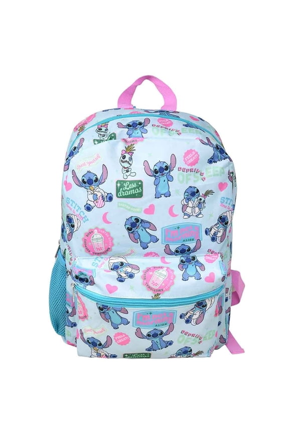 Bioworld Disney Stitch 16" All over print Kids Backpack, with Front Pocket & Side Mesh