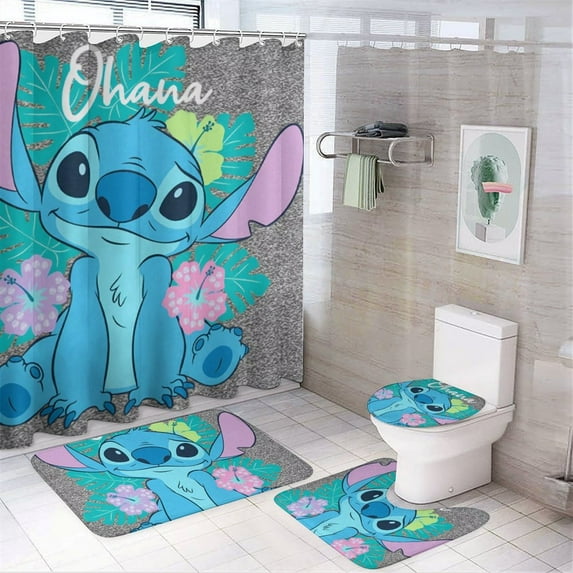 Stitch 4Pcs Shower Curtain Set with Non-Slip Rugs Toilet Lid Cover and Bath Mat Xmas Winter Holiday Bathroom Decor with Hooks 72 x 72 Inches