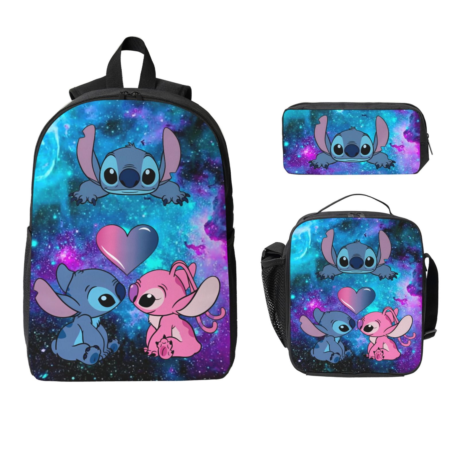 Stitch And Angel Backpack With Lunch Bag Box And Pencil Case Cute Back Pack Lightweight Laptop Bag Travel Work Hiking Daypack For Women Men