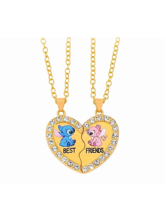 Stitch And Angel Characters 2 Piece BFF Rhinestones Necklace Set