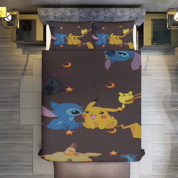 Stitch And Pikachu Queen Sheet Set,Duvet Cover Set with Zipper Closure,3 Pieces Bed Sheets Soft Microfiber Bedding Set with 4 Ties,102"x90"