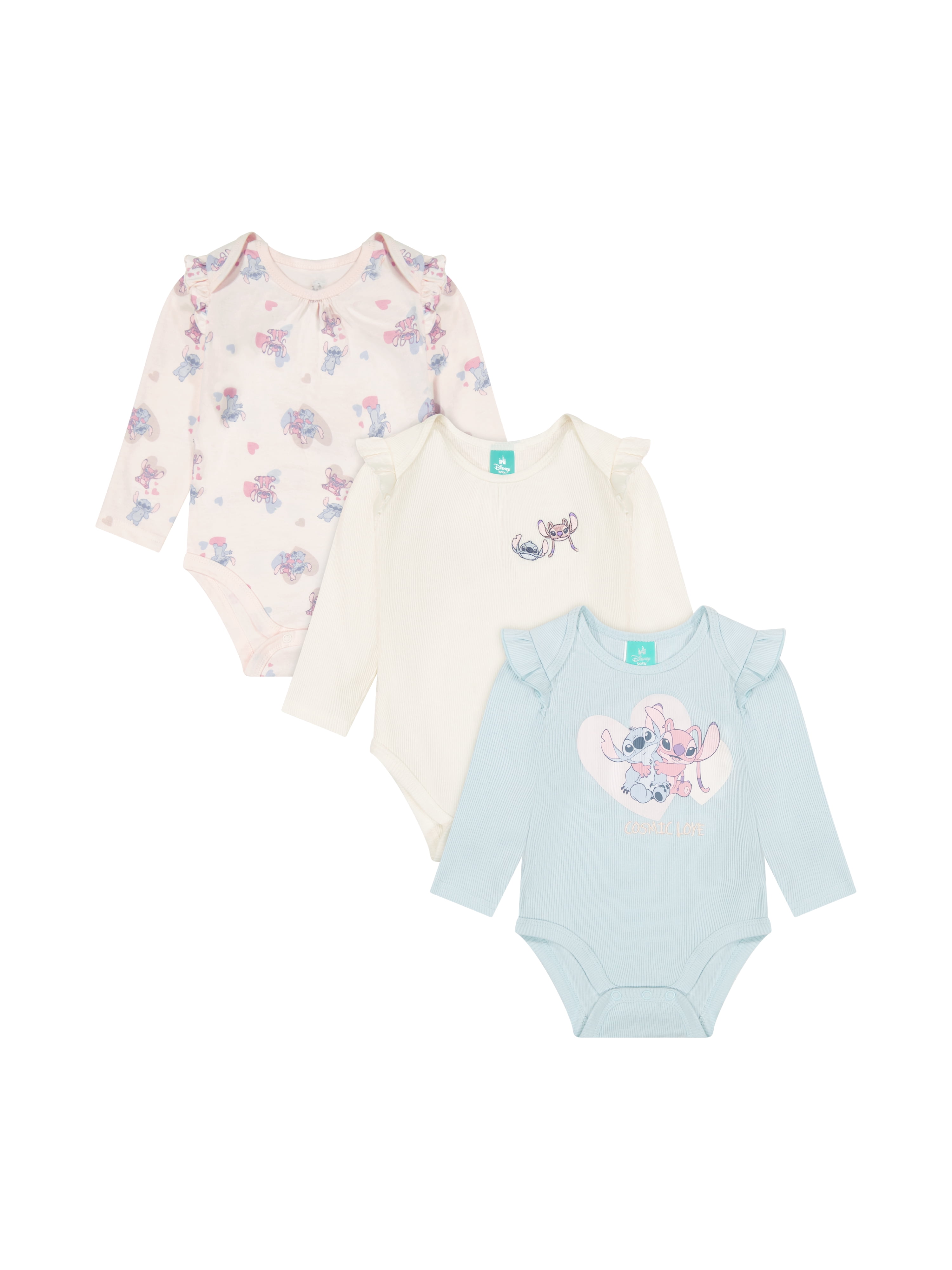 Stitch & Angel Baby Girl 3 Pack Long Sleeve Bodysuits, Size 0-24 Months