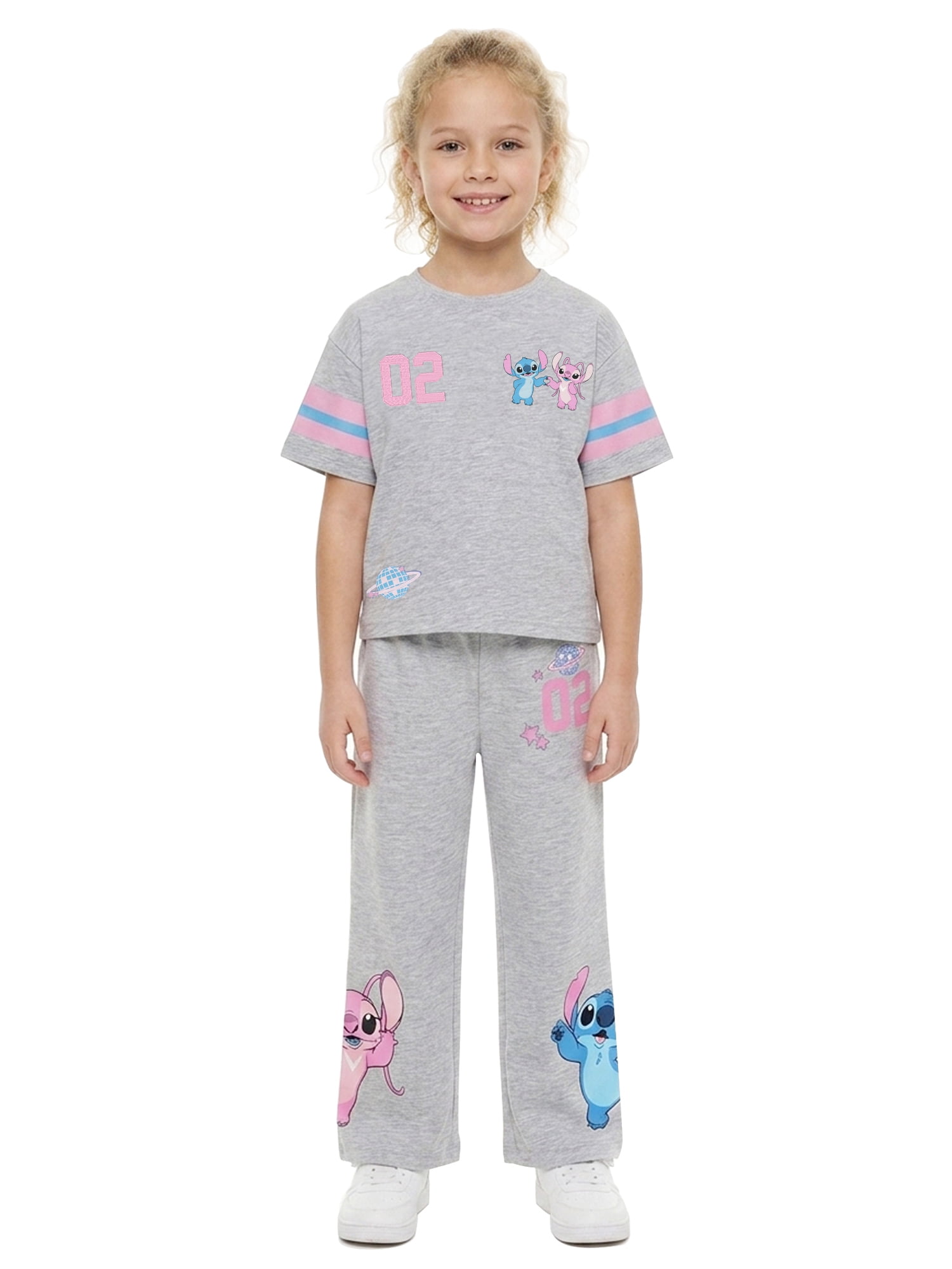 Stitch & Angel Girls' Athletic Front & Back T-shirt with Embroidery & Straight Leg Fleece Pants, 2-Piece, Sizes 4-16